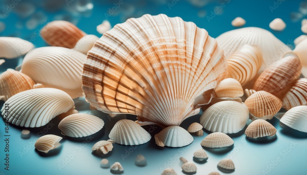 Seashells with underwater shadows on the blue background close up macro Seashells with underwater shadows on the blue background close up macro