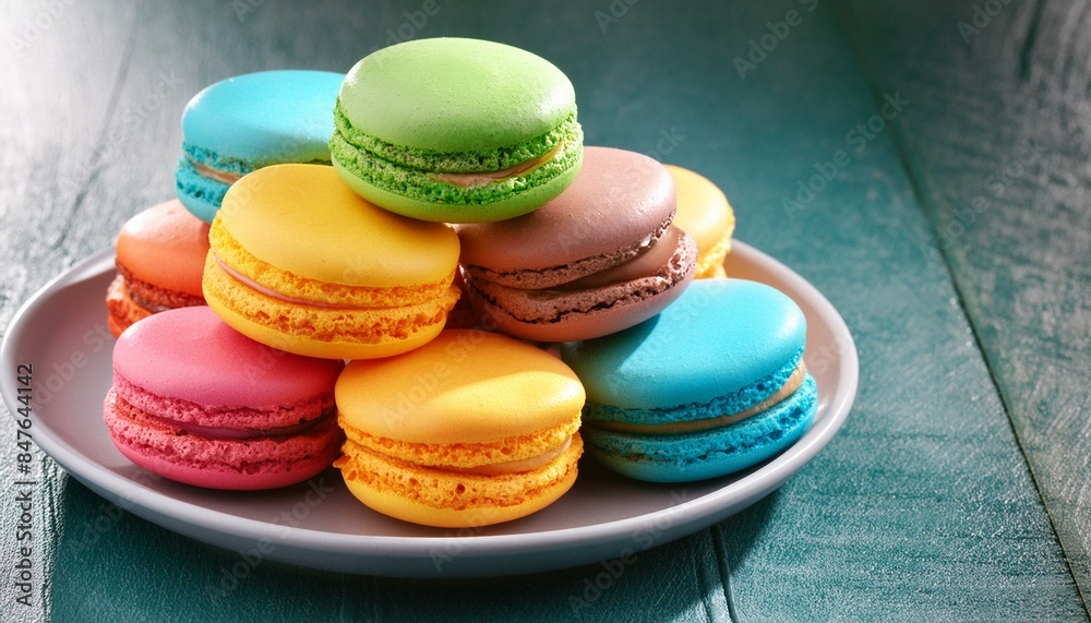 Firefly Plate of colourful macarons, Top view Firefly Plate of colourful macarons, Top view