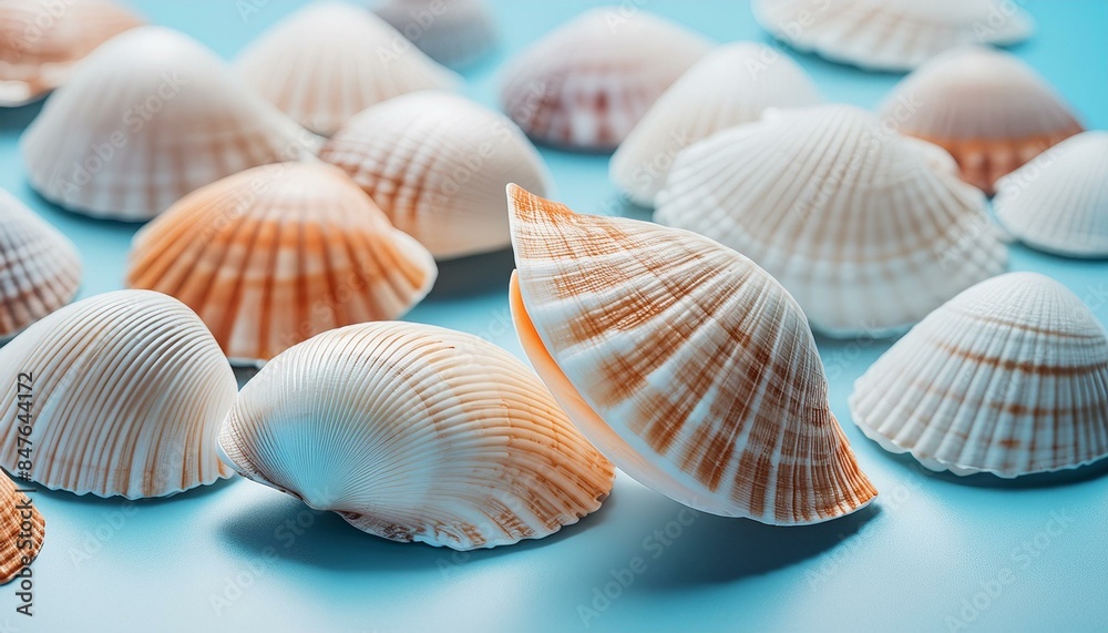 Seashells with underwater shadows on the blue background close up macro Seashells with underwater shadows on the blue background close up macro