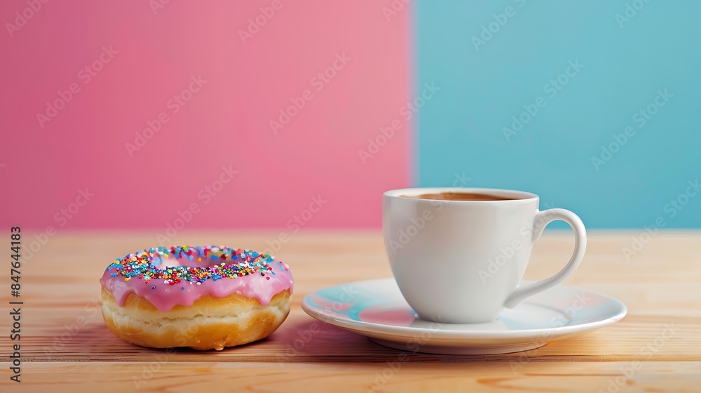 donut breakfast biscuits coffee and crockery on wooden table view isolated on colorful background donut breakfast biscuits coffee and crockery on wooden table view isolated on colorful background