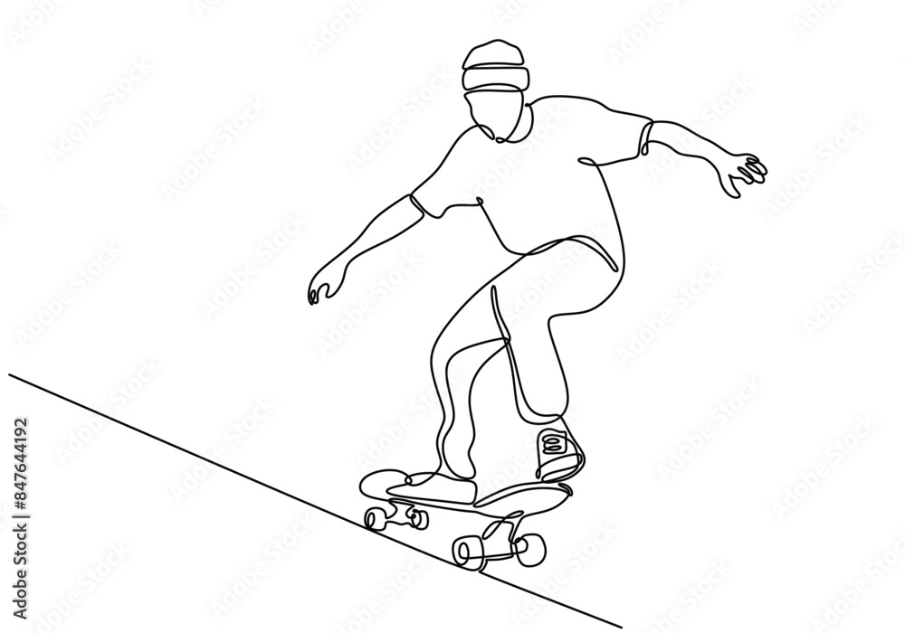 Obraz premium Man playing skateboard continuous line drawing. Fitness and sport concept.