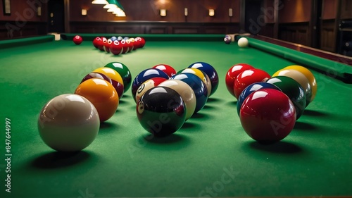 professional snooker board with some balls, high quality photo with lighting 