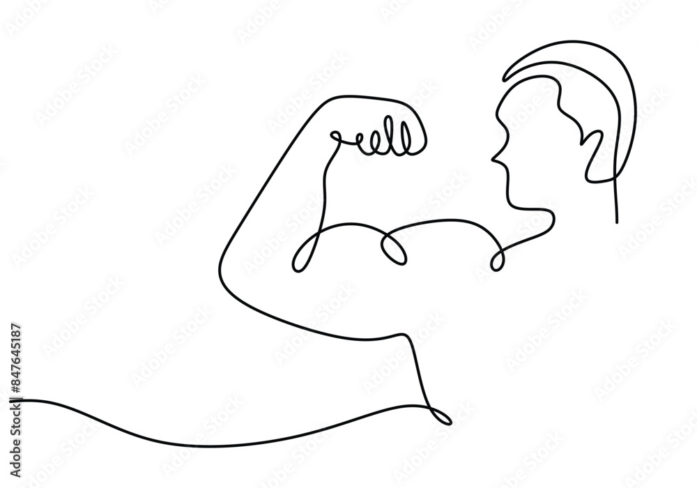 Fototapeta premium Man shows bicep fist hand continuous line drawing. Fitness and gym concept.