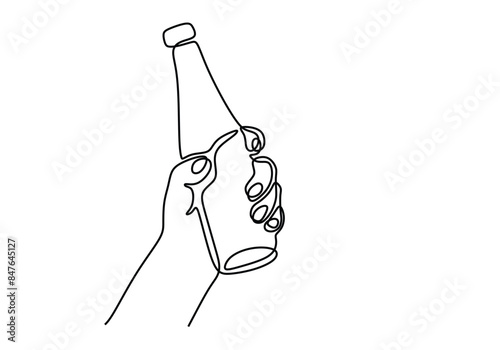 Hand holding water bottle continuous line drawing. sport and health care concept.