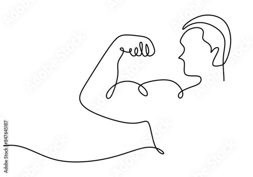 Man shows bicep fist hand continuous line drawing. Fitness and gym concept.