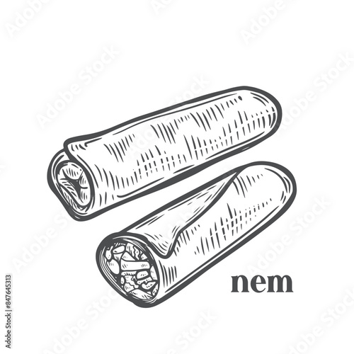 Nem street food line drawing vector illustration.