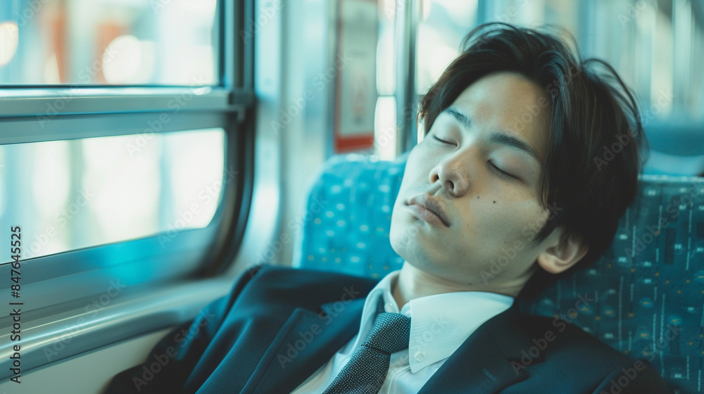 電車で寝る若いビジネスマン 電車で寝る若いビジネスマン