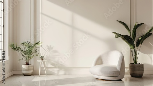 Modern Minimalist Interior with Pristine Empty Wall, Ideal Mockup for Art or Paintings, Bright and Elegant Design.