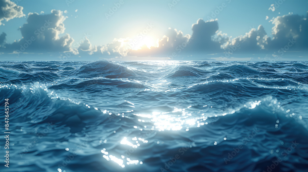 Fototapeta premium Sun over the sea. Blue sky over blue water. Blue background