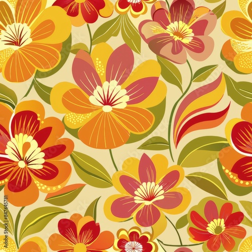 Seamless pattern of modern floral motifs with simplified forms and bold outlines, Generative AI