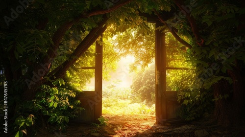 Door in the forest. Background illustration generated by ai