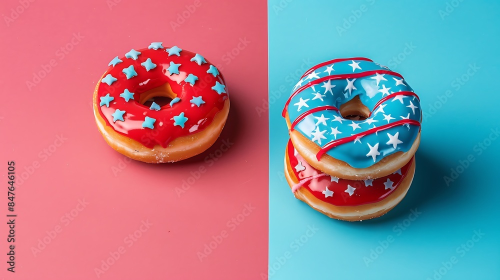 donuts with red icing and white lines and with blue icing and white stars are stacked isolated on colorful background donuts with red icing and white lines and with blue icing and white stars are stacked isolated on colorful background