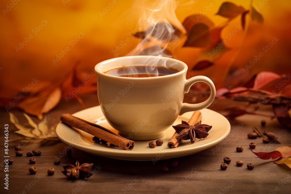 Steaming cup of tea with autumn spices on a pastel tan background Steaming cup of tea with autumn spices on a pastel tan background