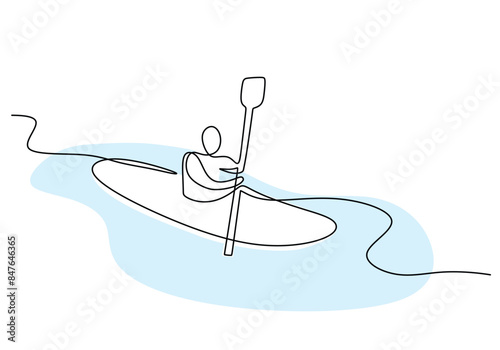Man do kayaking sport with boat continuous line drawing.