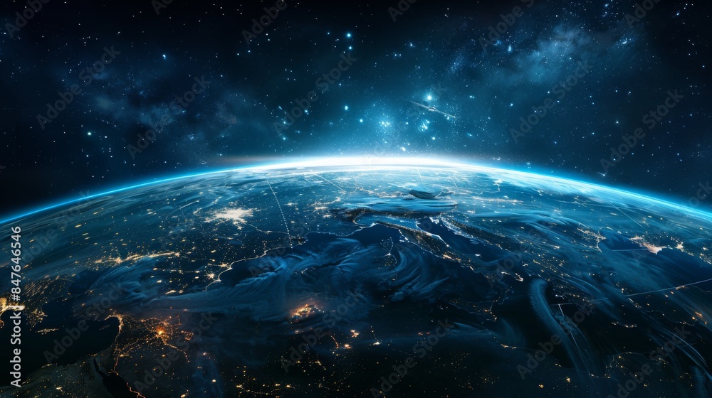 Fototapeta premium Planet earth. City lights in the night. Top view. illustration generated by ai