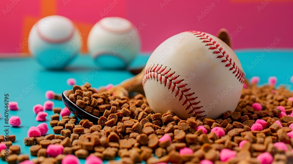 Dry food for pet and rubber baseball ball isolated on colorful background Dry food for pet and rubber baseball ball isolated on colorful background