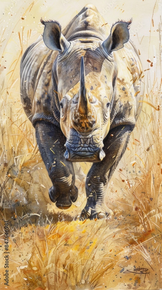 Obraz premium Watercolor rhinoceros walking majestically on the golden grass, animal world, simple HD wallpaper, background, generated by AI.
