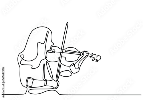 Beautiful woman play violin continuous line drawing. Music orchestra concept.