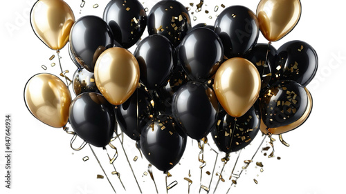 Good chrome and black balloon with confetti, a bunch of balloons on transparent background. Ballon for wedding, holiday.