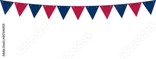 Triangle bunting flags banner template on empty white background. Blue red colors. America 4th of July Memorial or Independence day theme wallpaper.