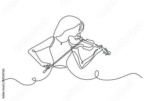 Beautiful woman play violin continuous line drawing. Music orchestra concept.