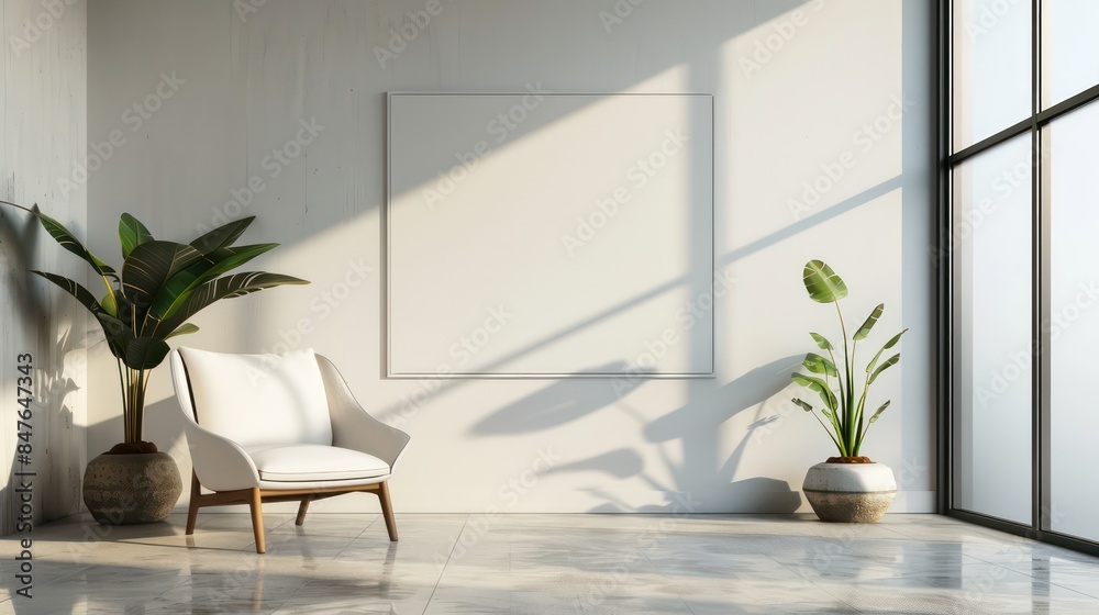 Minimalistic Modern Interior with Clean Empty Wall, Perfect Mockup for Art or Paintings, Bright and Elegant Interior Design. Minimalistic Modern Interior with Clean Empty Wall, Perfect Mockup for Art or Paintings, Bright and Elegant Interior Design.