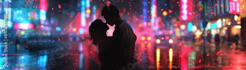 Couple sharing a romantic kiss on a vibrant city night street with colorful neon lights in the background, creating a dreamy atmosphere.