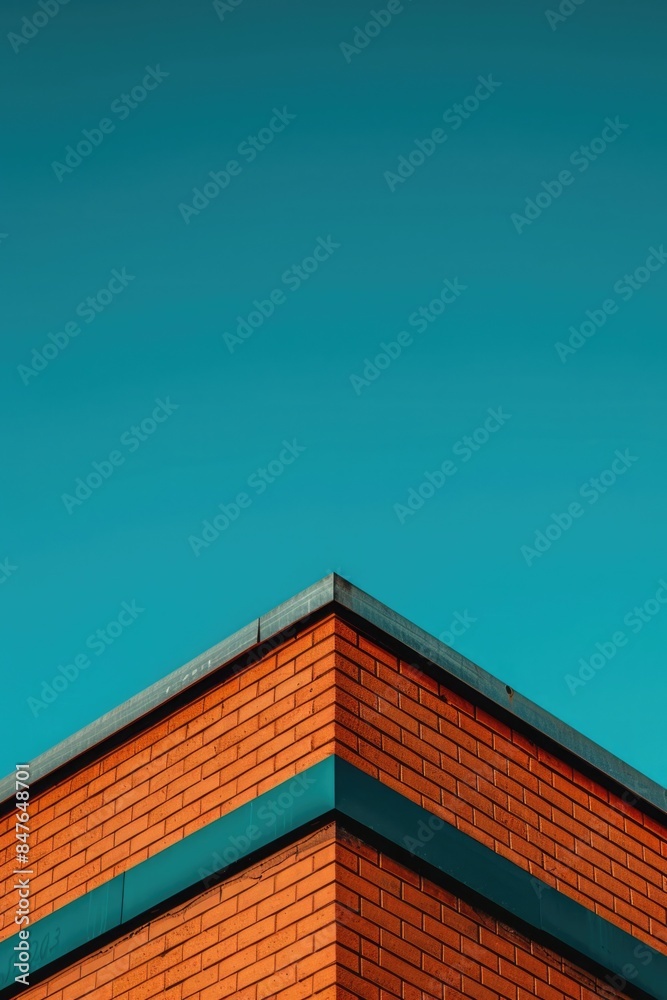 Red brick building on blue sky background, business center Red brick building on blue sky background, business center