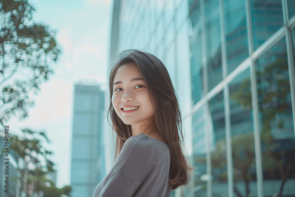 Smiling Asian Office Lady in Office Building Background Smiling Asian Office Lady in Office Building Background