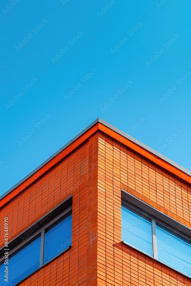 Red brick building on blue sky background, business center Red brick building on blue sky background, business center