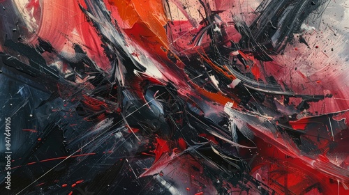 Dynamic abstract painting featuring bold red, black, and white strokes, conveying intense movement and energy in artistic chaos. photo