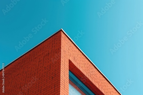 Red brick building on blue sky background, business center