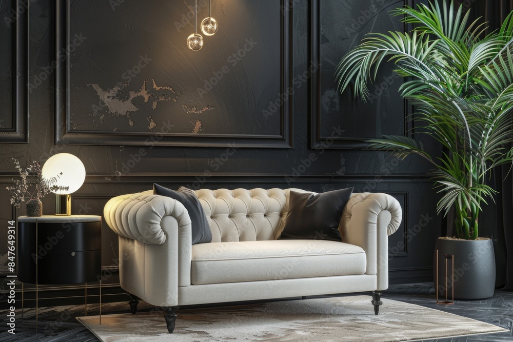 Obraz premium Modern interior design featuring upholstered furniture against classic wall.