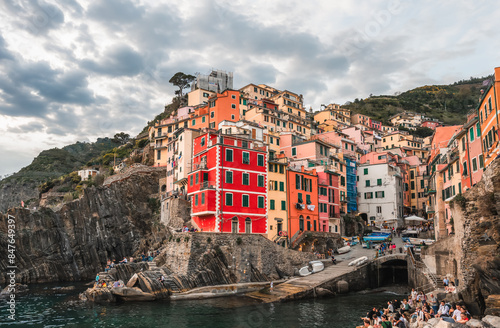 Colorful villiage of Riomaggiore in Cinque Terre, Italy at sunset. photo