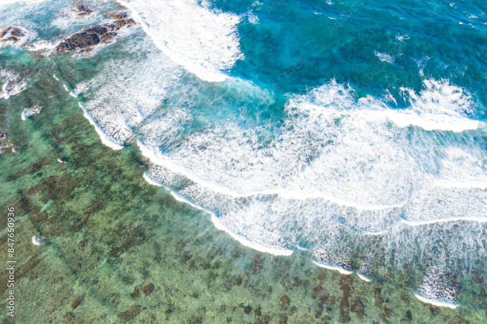 Waves of coral reef, aerial view, Trou d'Eau Douce, Mauritius Waves of coral reef, aerial view, Trou d'Eau Douce, Mauritius