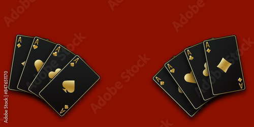 Red Poker or Casino table background. A hand fanned of playing cards consisting Ace of Spades, Diamonds, Clubs, Hearts. Vector illustration Casino of all the aces.