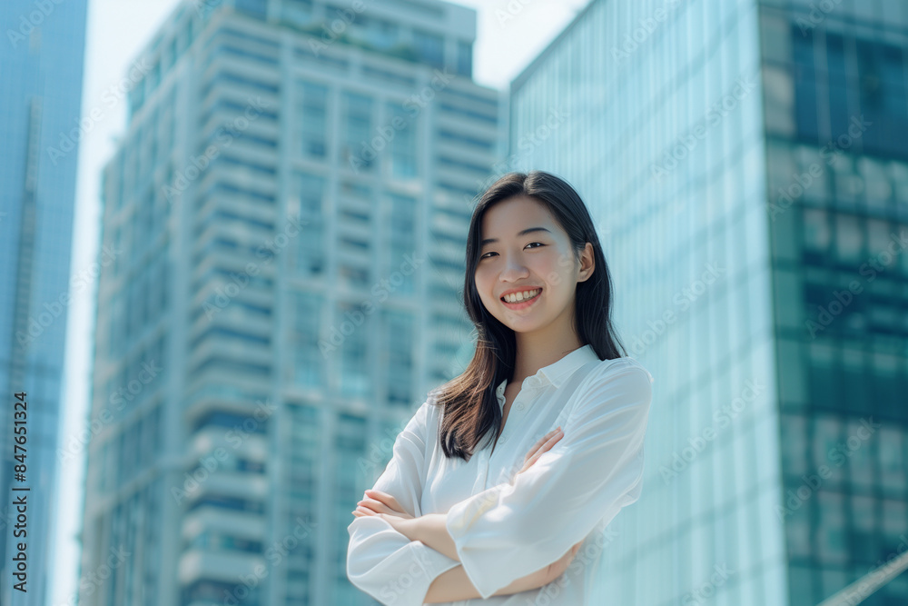 Smiling Asian Office Lady in Office Building Background Smiling Asian Office Lady in Office Building Background