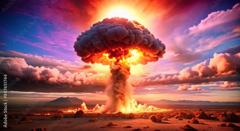 Nuclear bomb is exploding violently smoke exploded into a mushroom cloud. The concept of nuclear war