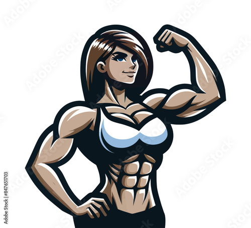 Vector illustration of a muscular woman flexing her biceps. Perfect for fitness, bodybuilding, and strength training themes.