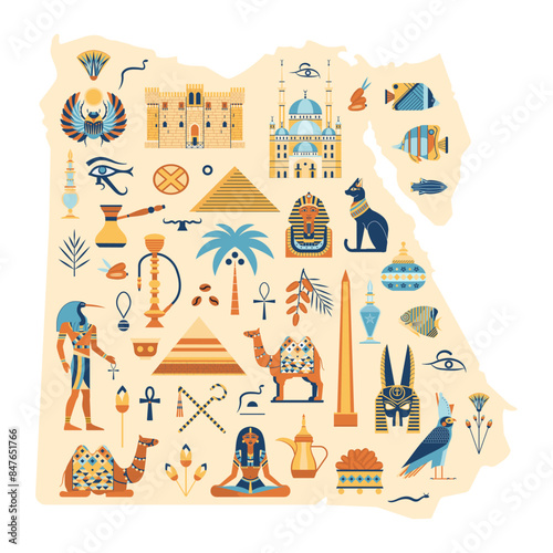 Egyptian Symbols and Landmarks on Map of Egypt
