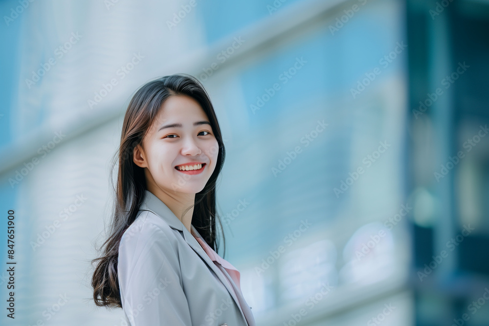 Smiling Asian Office Lady in Office Building Background Smiling Asian Office Lady in Office Building Background