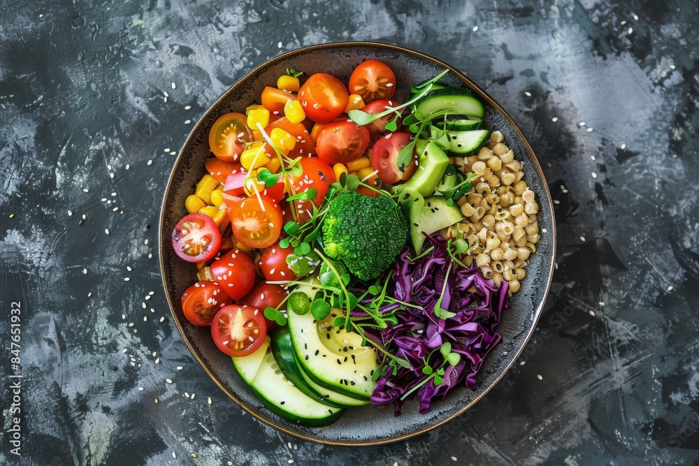 Plate of vegetables and grains on a table, vegan diet plate Plate of vegetables and grains on a table, vegan diet plate