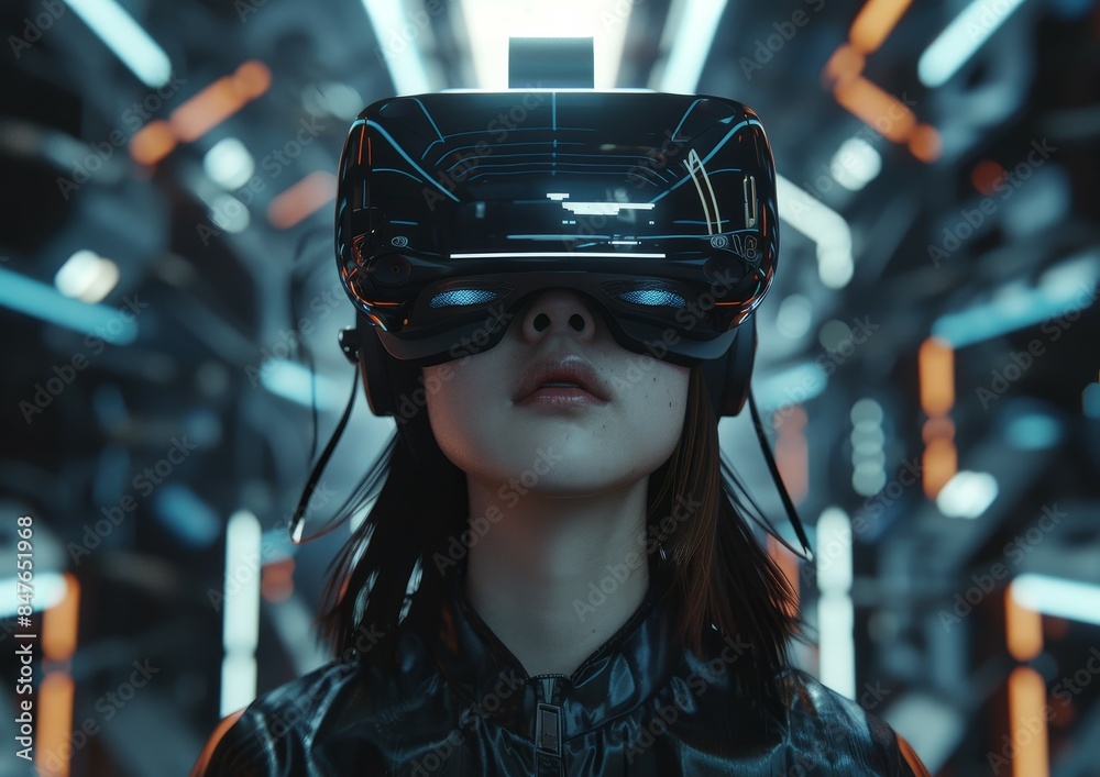 Futuristic Virtual Reality Experience with Headset and Neon Lights Futuristic Virtual Reality Experience with Headset and Neon Lights