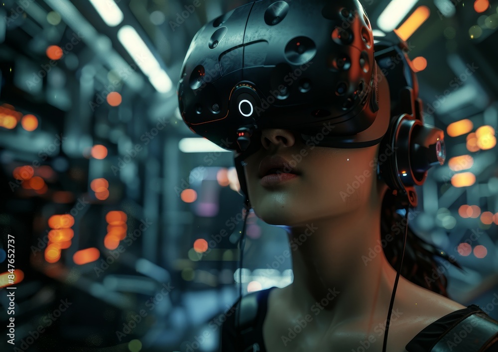 Futuristic Virtual Reality Experience with Headset and Neon Lights