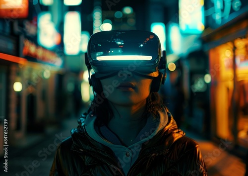 Futuristic Virtual Reality Experience with Headset and Neon Lights
