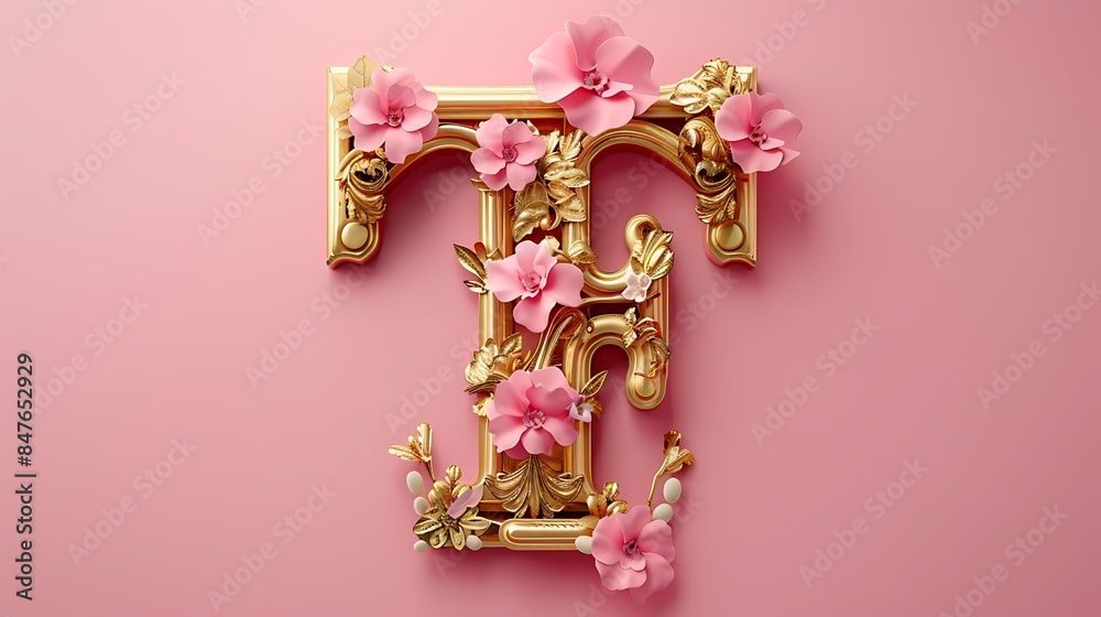 Fototapeta premium Fancy alphabet letters T on pink background