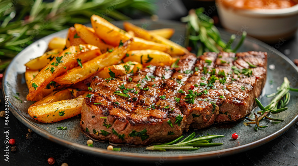 Grilled steak with roasted potatoes sprinkled with rosemary. Close-up view of grilled entrecote served with French fries and fresh herbs on dark grey plate. Delicious dish in restaurant. Grilled steak with roasted potatoes sprinkled with rosemary. Close-up view of grilled entrecote served with French fries and fresh herbs on dark grey plate. Delicious dish in restaurant.