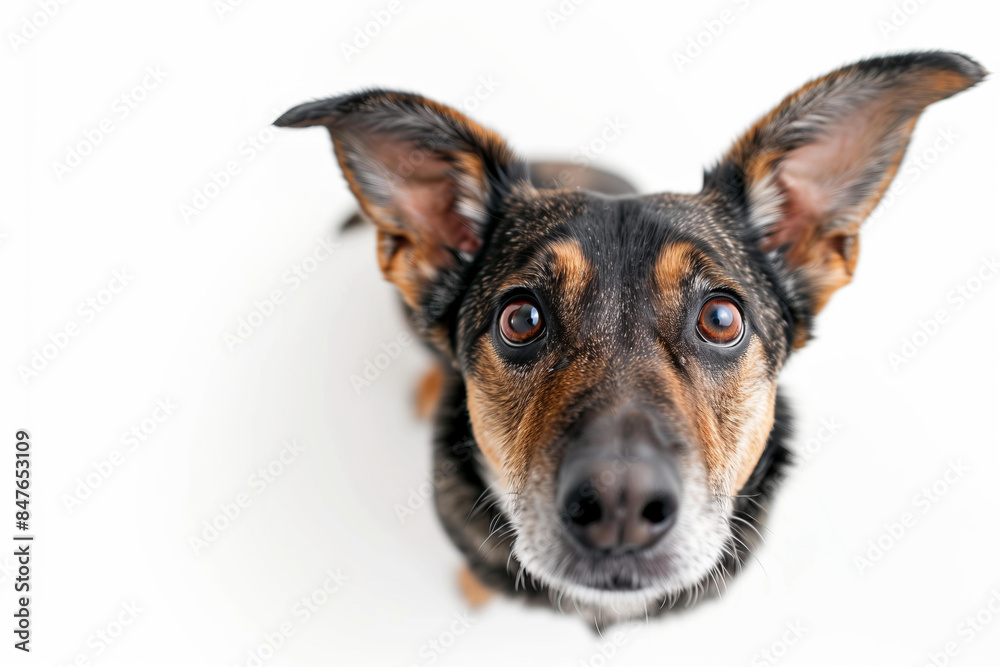 Cute dog looking up at the camera, top view, isolated on white background, pet care, grooming salon, veterinarian, pet shop concept Cute dog looking up at the camera, top view, isolated on white background, pet care, grooming salon, veterinarian, pet shop concept