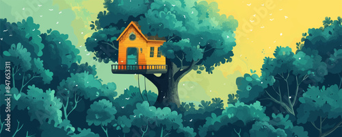 Whimsical treehouse nestled among towering trees Vector flat minimalistic isolated illustration