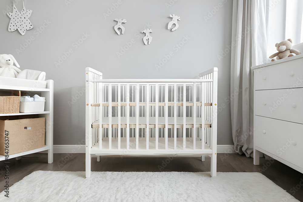 White wooden baby crib in nursery room White wooden baby crib in nursery room